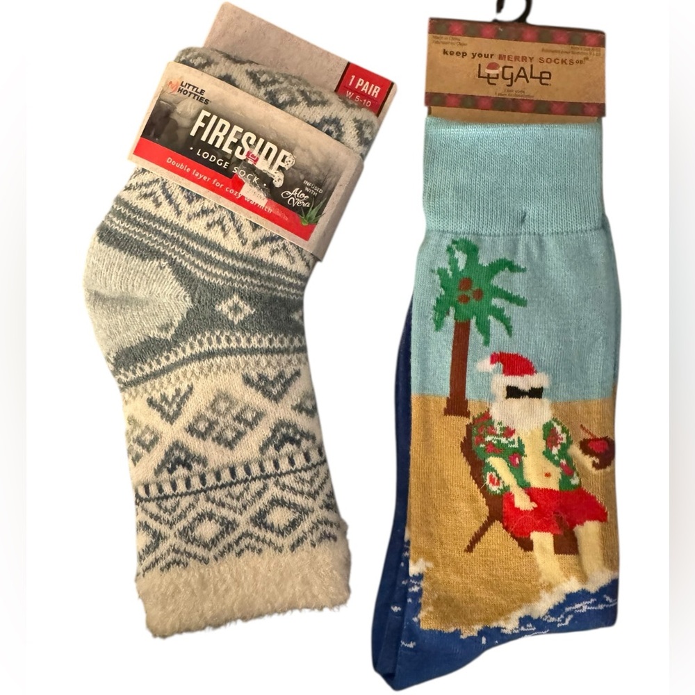 Fireside Lodge Gray Socks and Legale Blue Santa Socks‎